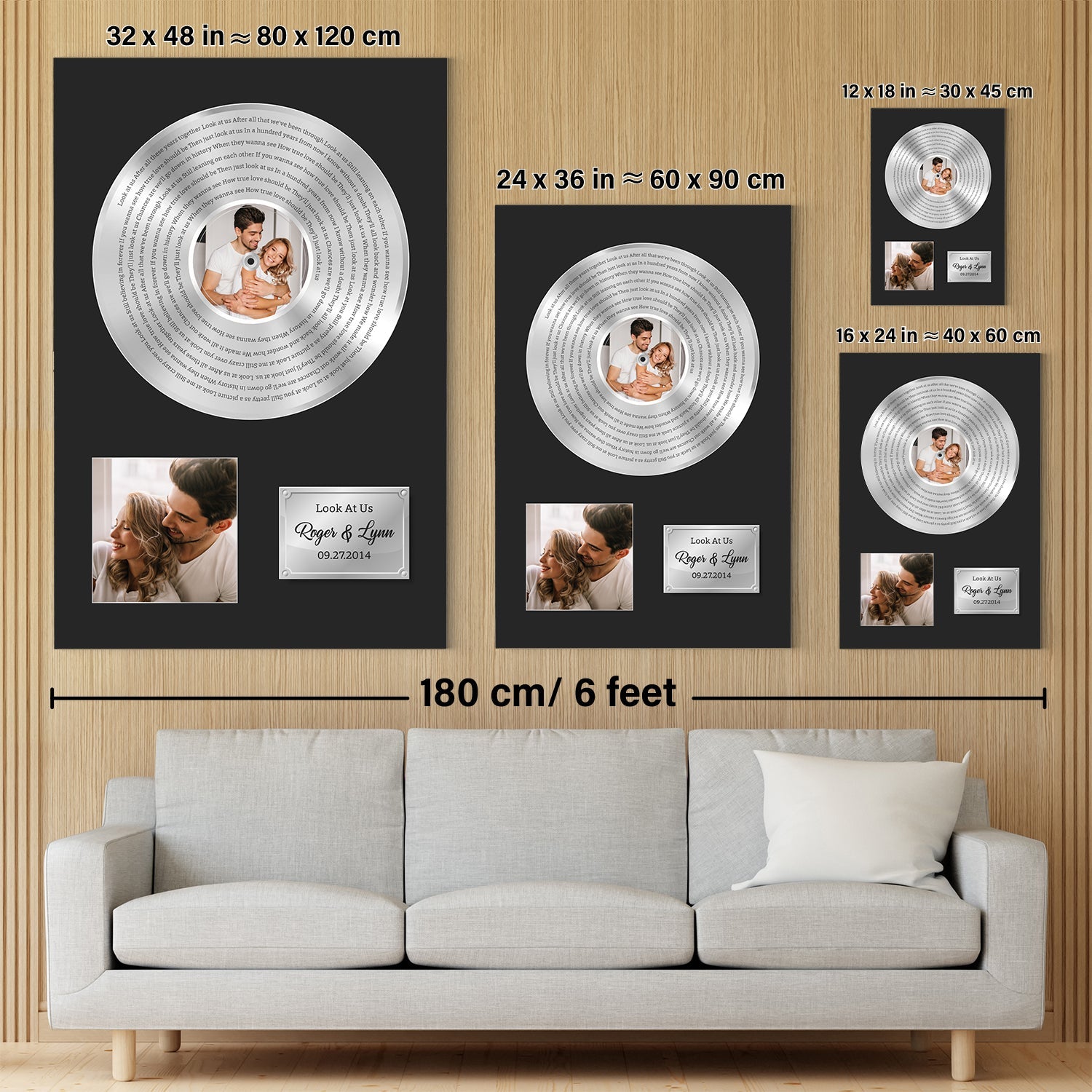 Custom Song Lyrics, Upload Photo, 2 Pictures, Customizable Text Vinyl Record Canvas, Gold Style