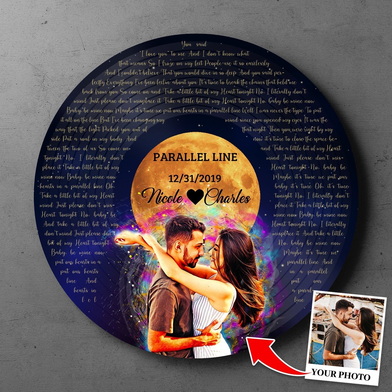 Custom Song Lyrics, Portrait From Photo, Star Wave Style, Personalized Song Name And Text Round Wood Sign