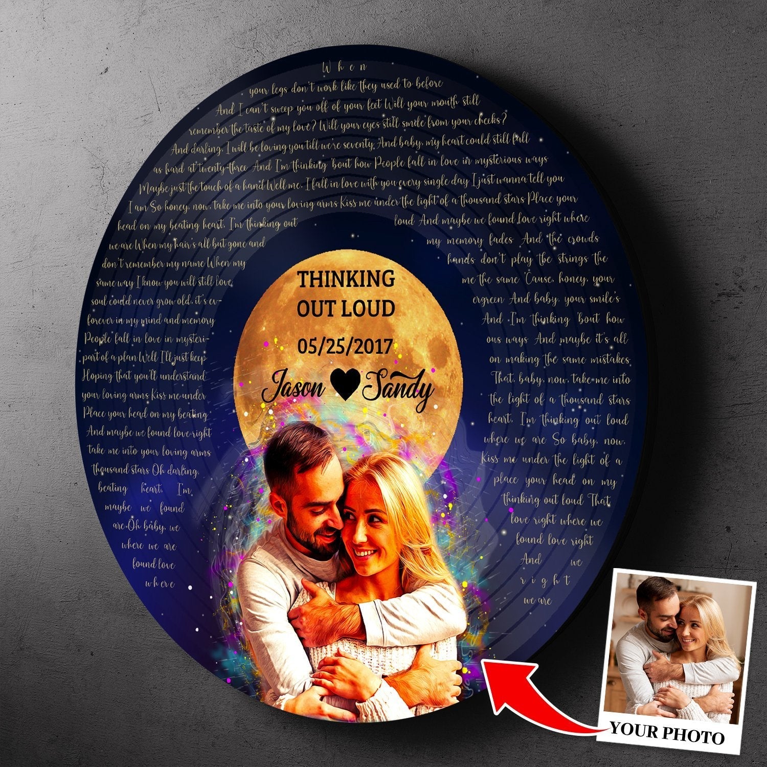 Custom Song Lyrics, Portrait From Photo, Star Wave Style, Personalized Song Name And Text Round Wood Sign