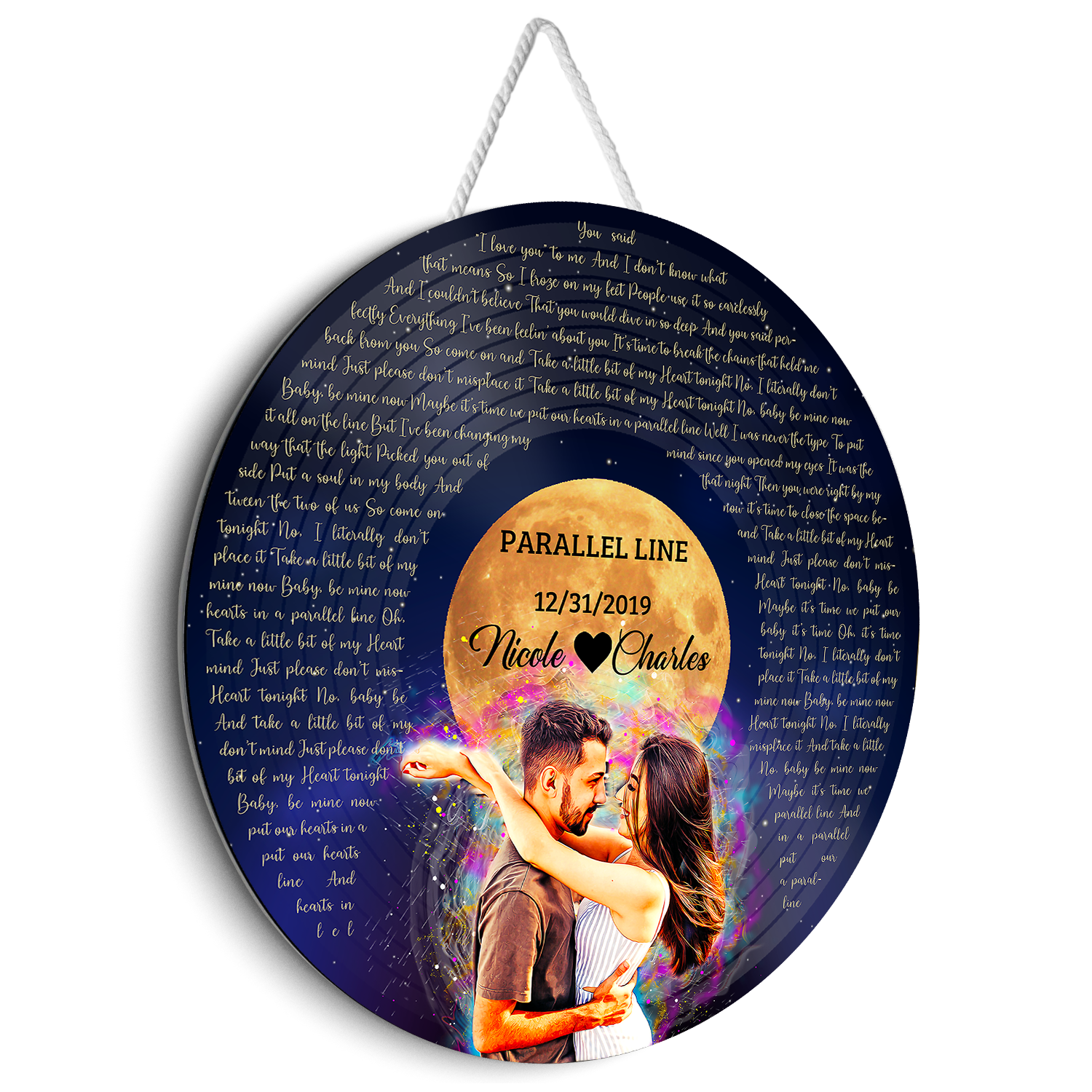 Personalized Song Lyrics and Portrait Round Wood Sign - Star Wave Style