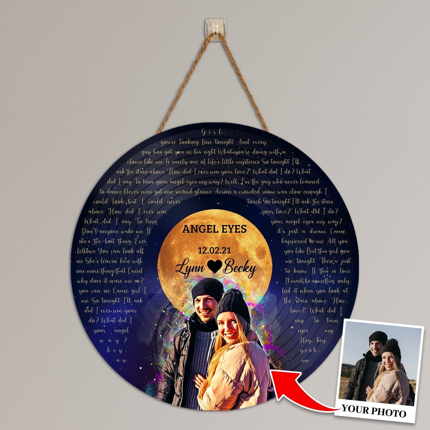 Custom Song Lyrics, Portrait From Photo, Star Wave Style, Personalized Song Name And Text Round Wood Sign